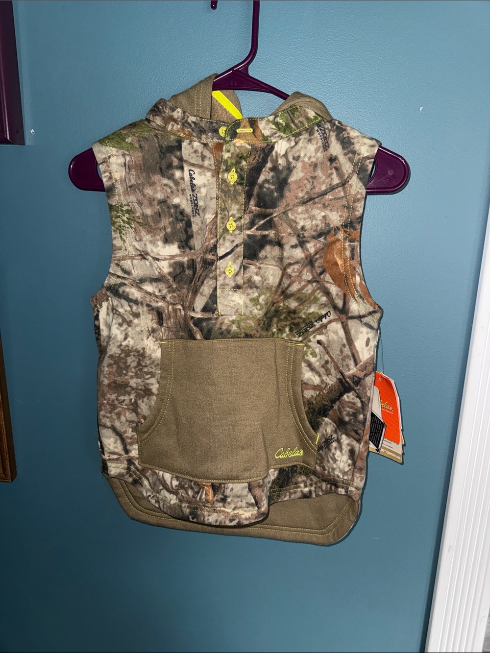 Cabela's Kids Camo Hooded Vest with Olive Pocket and Yellow Accents